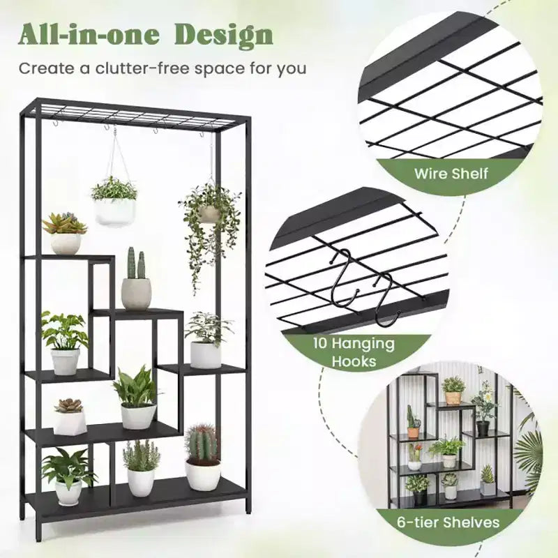Étagère à plantes haute à 6 niveaux de 180 cm en métal avec 10 crochets de suspension