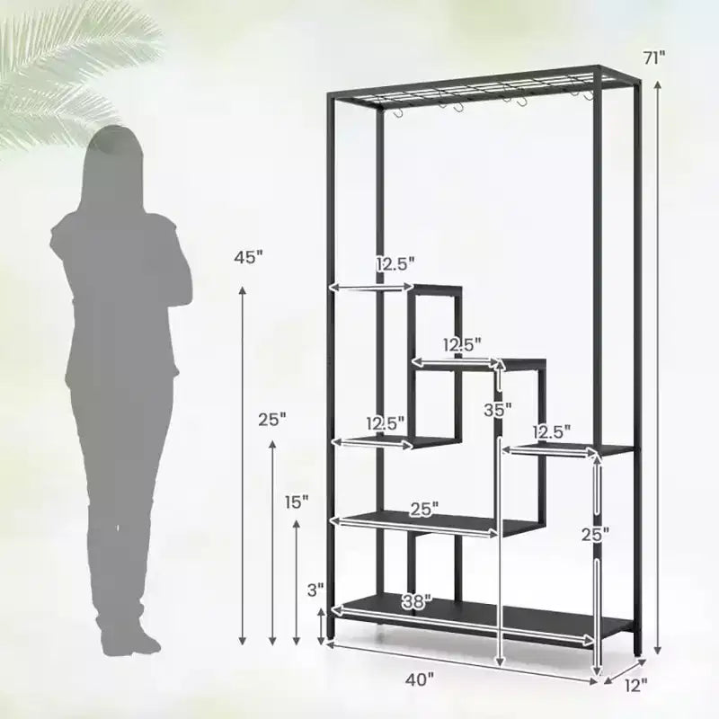 Étagère à plantes haute à 6 niveaux de 180 cm en métal avec 10 crochets de suspension