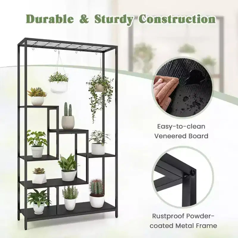Étagère à plantes haute à 6 niveaux de 180 cm en métal avec 10 crochets de suspension