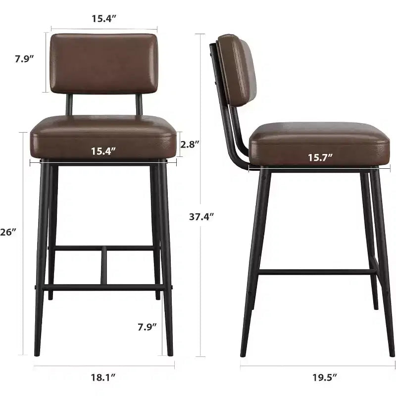 Lot de 2 tabourets de bar, tabourets de bar de 66 cm en similicuir avec dossier, pieds en métal, chaises de bar modernes rembourrées