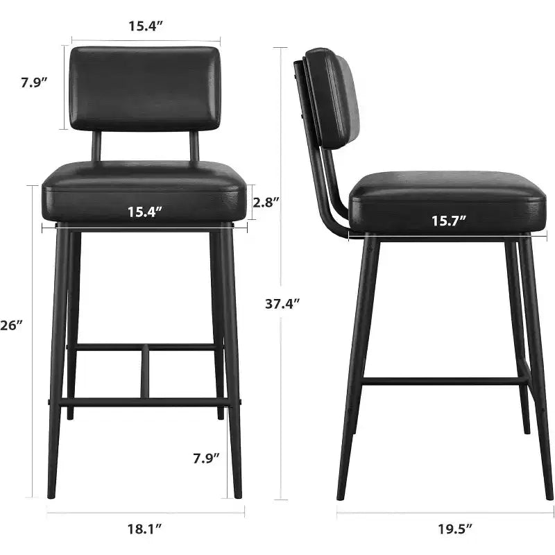 Lot de 2 tabourets de bar, tabourets de bar de 66 cm en similicuir avec dossier, pieds en métal, chaises de bar modernes rembourrées