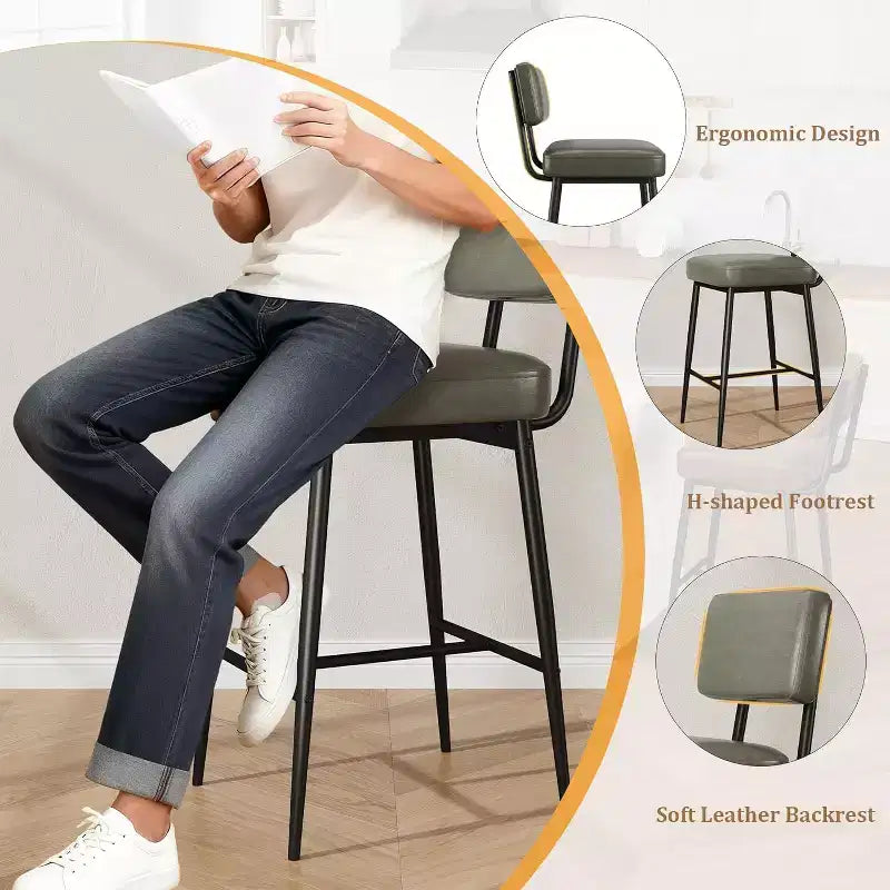 Lot de 2 tabourets de bar, tabourets de bar de 66 cm en similicuir avec dossier, pieds en métal, chaises de bar modernes rembourrées