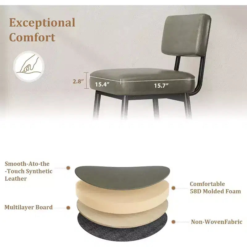 Lot de 2 tabourets de bar, tabourets de bar de 66 cm en similicuir avec dossier, pieds en métal, chaises de bar modernes rembourrées