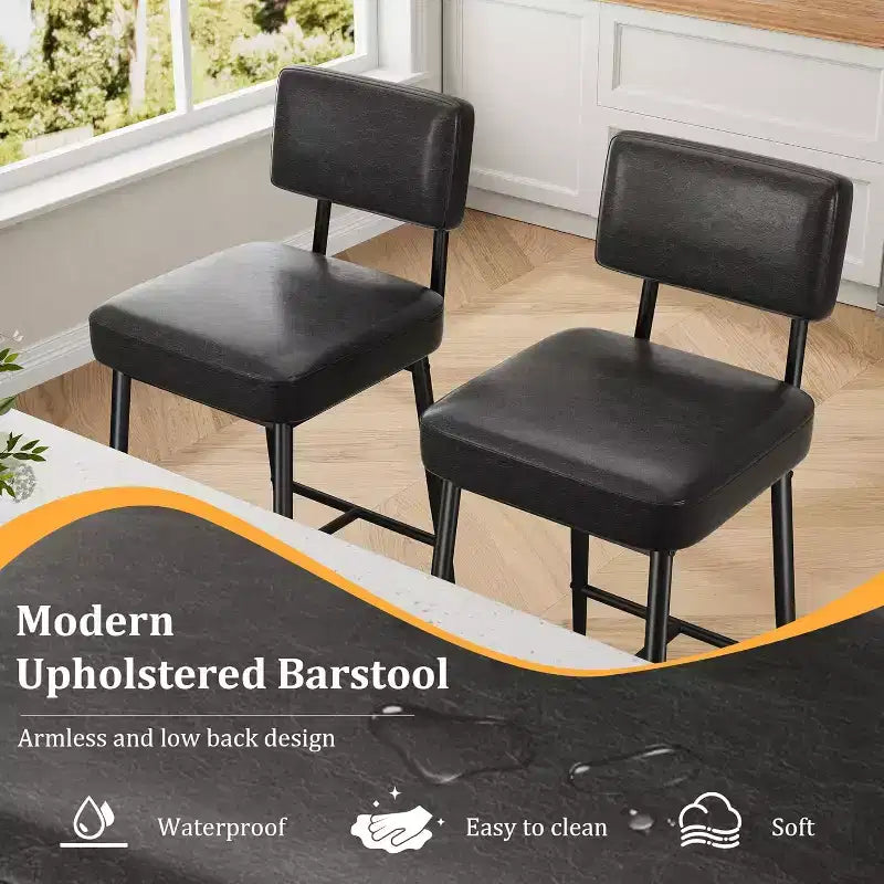 Lot de 2 tabourets de bar, tabourets de bar de 66 cm en similicuir avec dossier, pieds en métal, chaises de bar modernes rembourrées