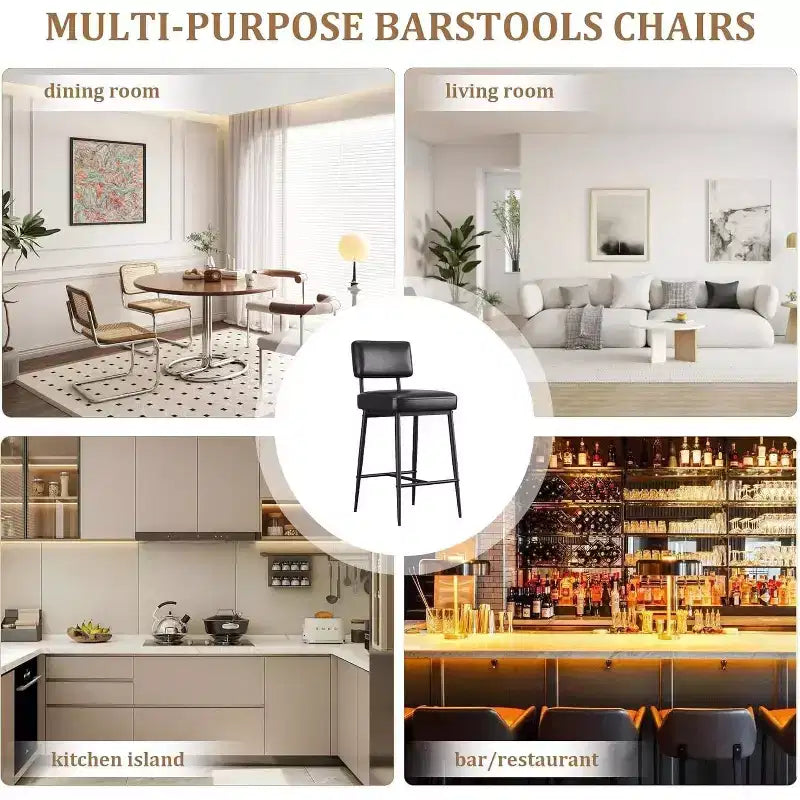 Lot de 2 tabourets de bar, tabourets de bar de 66 cm en similicuir avec dossier, pieds en métal, chaises de bar modernes rembourrées