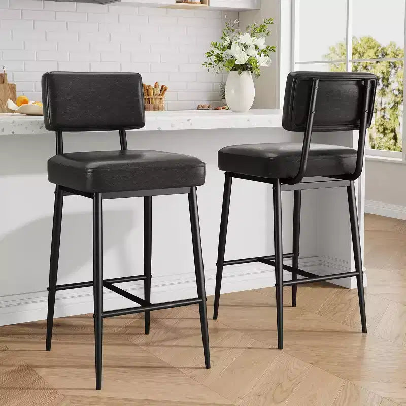 Bar Stools Set of 2, 26 Faux Leather Counter Height Bar Stool with Back, Metal Legs, Modern Upholstered Barstool Chairs
