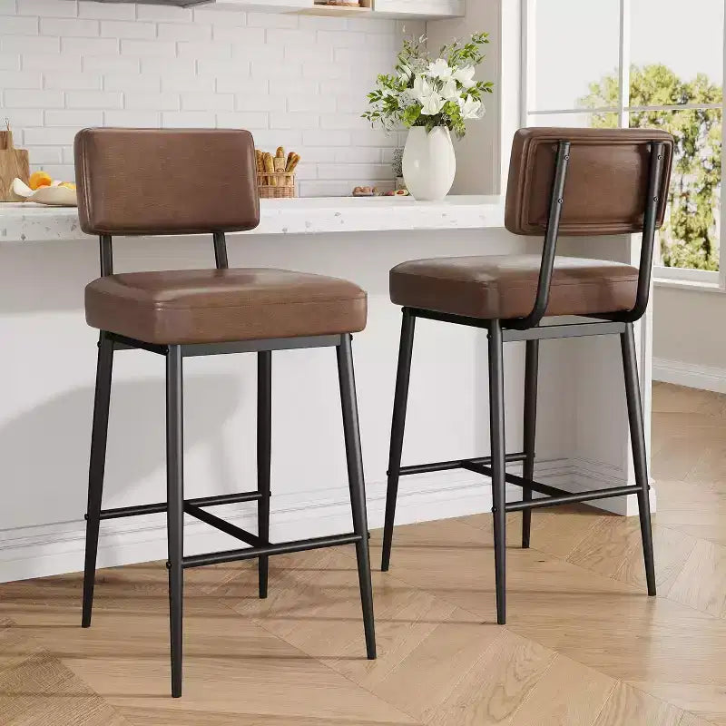 Lot de 2 tabourets de bar, tabourets de bar de 66 cm en similicuir avec dossier, pieds en métal, chaises de bar modernes rembourrées
