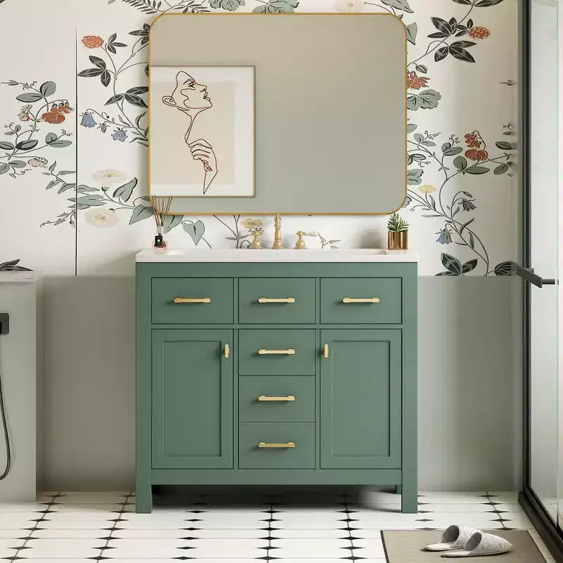 Meuble lavabo de salle de bain 36 pouces, meuble de rangement de salle de bain avec tiroirs, meuble lavabo simple vasque avec cadre en bois massif
