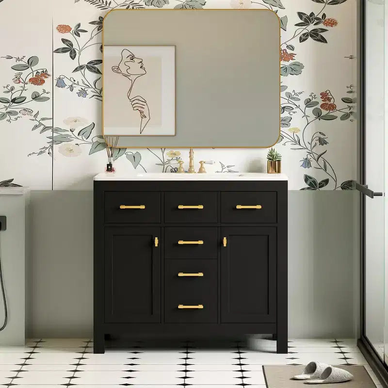 Meuble lavabo de salle de bain 36 pouces, meuble de rangement de salle de bain avec tiroirs, meuble lavabo simple vasque avec cadre en bois massif