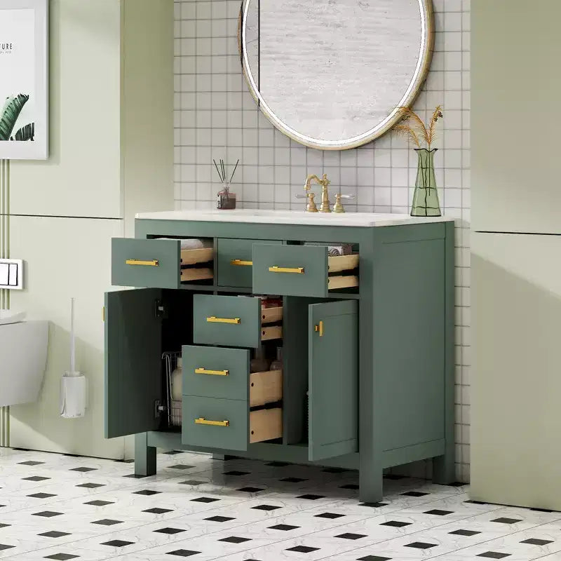 Meuble lavabo de salle de bain 36 pouces, meuble de rangement de salle de bain avec tiroirs, meuble lavabo simple vasque avec cadre en bois massif