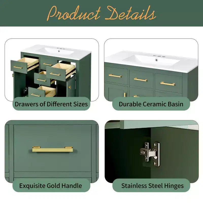 Meuble lavabo de salle de bain 36 pouces, meuble de rangement de salle de bain avec tiroirs, meuble lavabo simple vasque avec cadre en bois massif