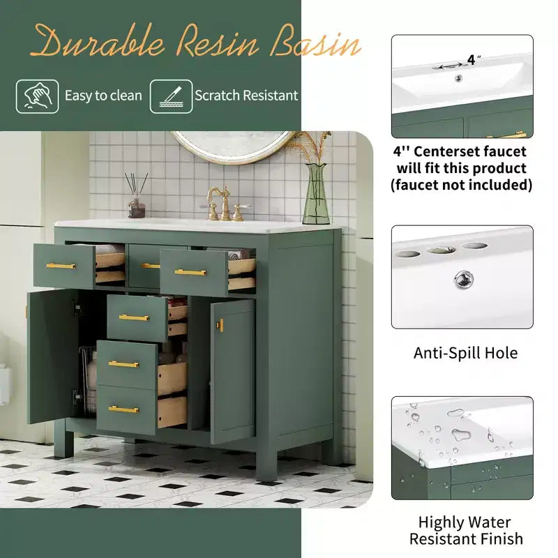 Meuble lavabo de salle de bain 36 pouces, meuble de rangement de salle de bain avec tiroirs, meuble lavabo simple vasque avec cadre en bois massif
