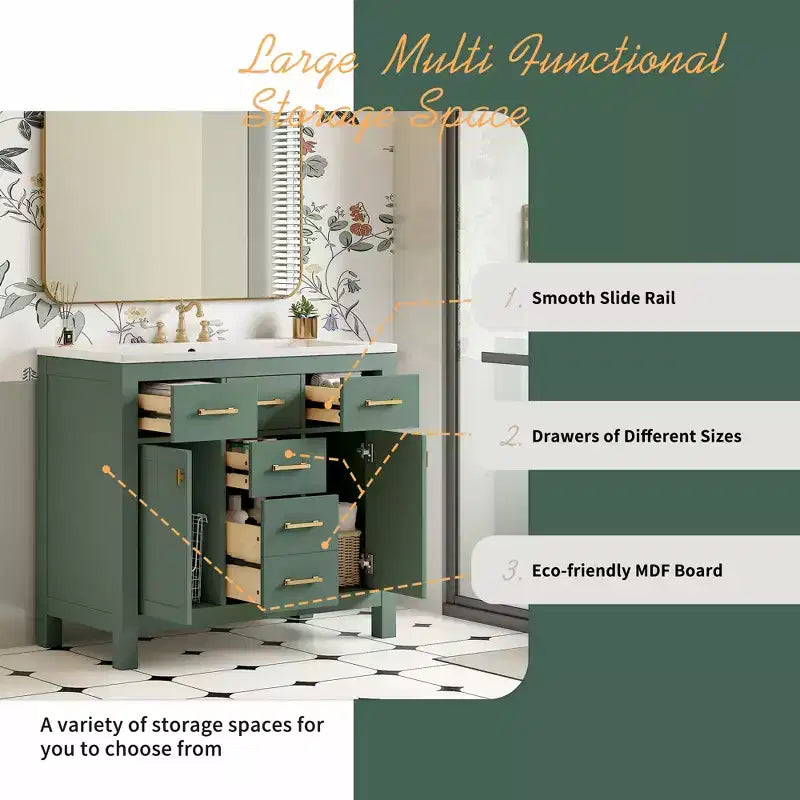 Meuble lavabo de salle de bain 36 pouces, meuble de rangement de salle de bain avec tiroirs, meuble lavabo simple vasque avec cadre en bois massif
