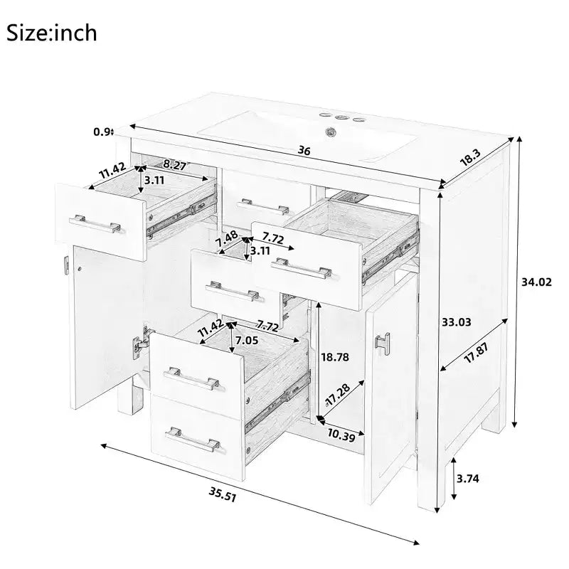 Meuble lavabo de salle de bain 36 pouces, meuble de rangement de salle de bain avec tiroirs, meuble lavabo simple vasque avec cadre en bois massif