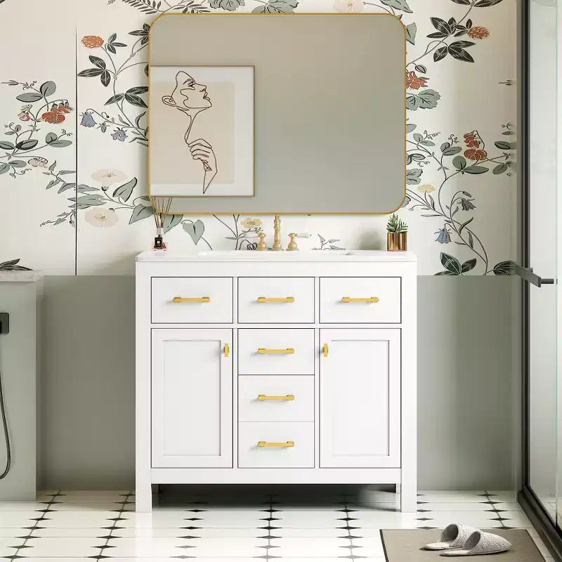 Meuble lavabo de salle de bain 36 pouces, meuble de rangement de salle de bain avec tiroirs, meuble lavabo simple vasque avec cadre en bois massif