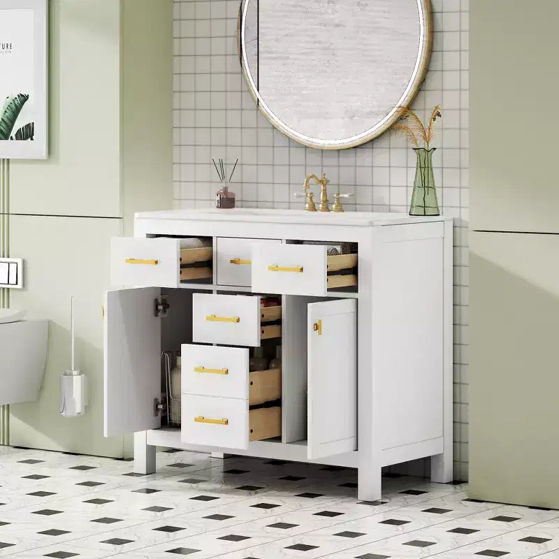 Meuble lavabo de salle de bain 36 pouces, meuble de rangement de salle de bain avec tiroirs, meuble lavabo simple vasque avec cadre en bois massif