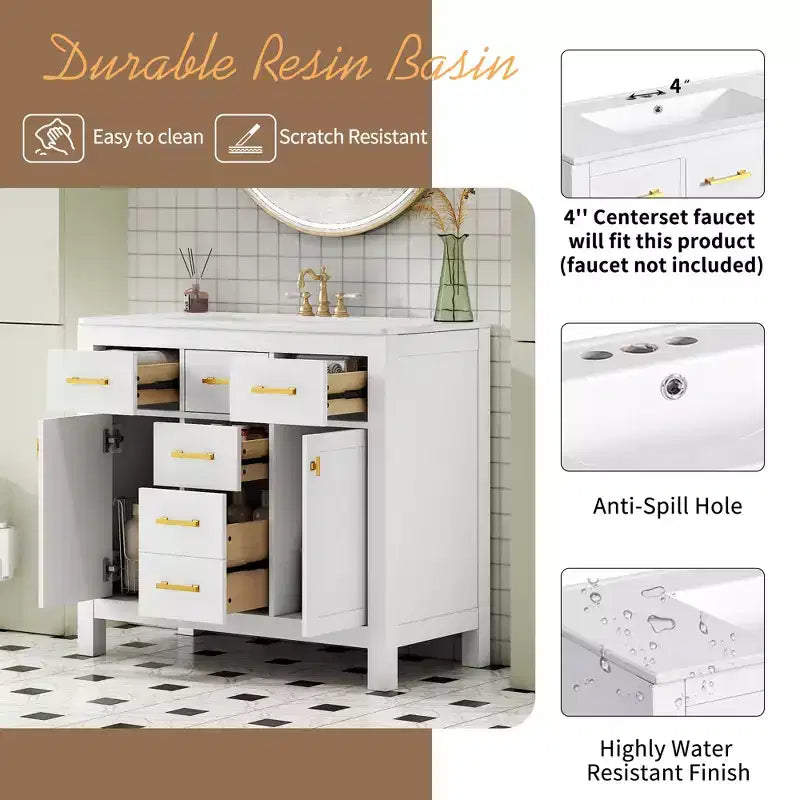 Meuble lavabo de salle de bain 36 pouces, meuble de rangement de salle de bain avec tiroirs, meuble lavabo simple vasque avec cadre en bois massif