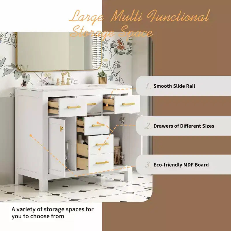 Meuble lavabo de salle de bain 36 pouces, meuble de rangement de salle de bain avec tiroirs, meuble lavabo simple vasque avec cadre en bois massif
