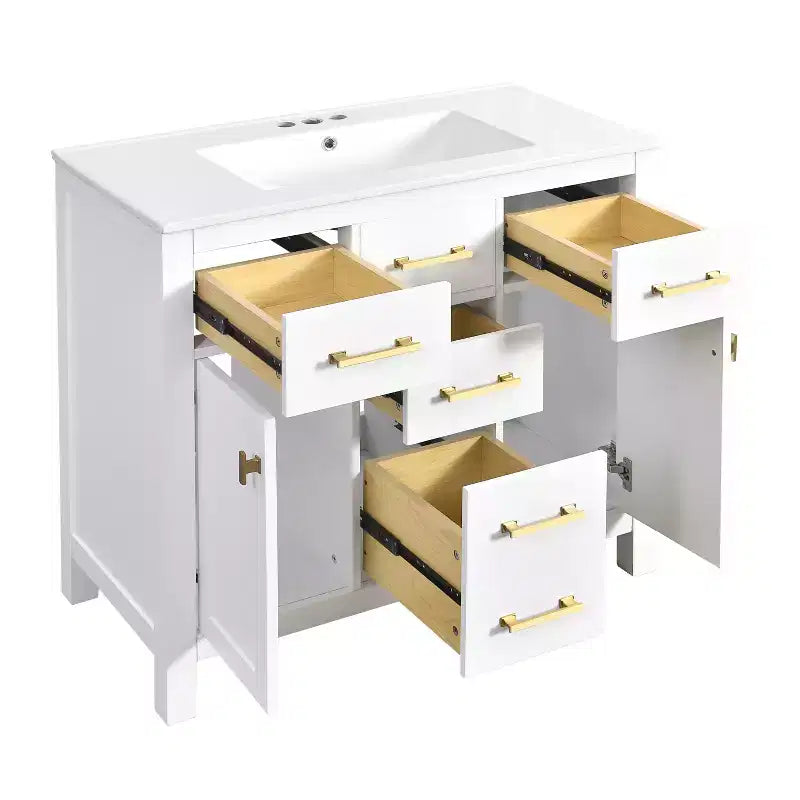 Meuble lavabo de salle de bain 36 pouces, meuble de rangement de salle de bain avec tiroirs, meuble lavabo simple vasque avec cadre en bois massif