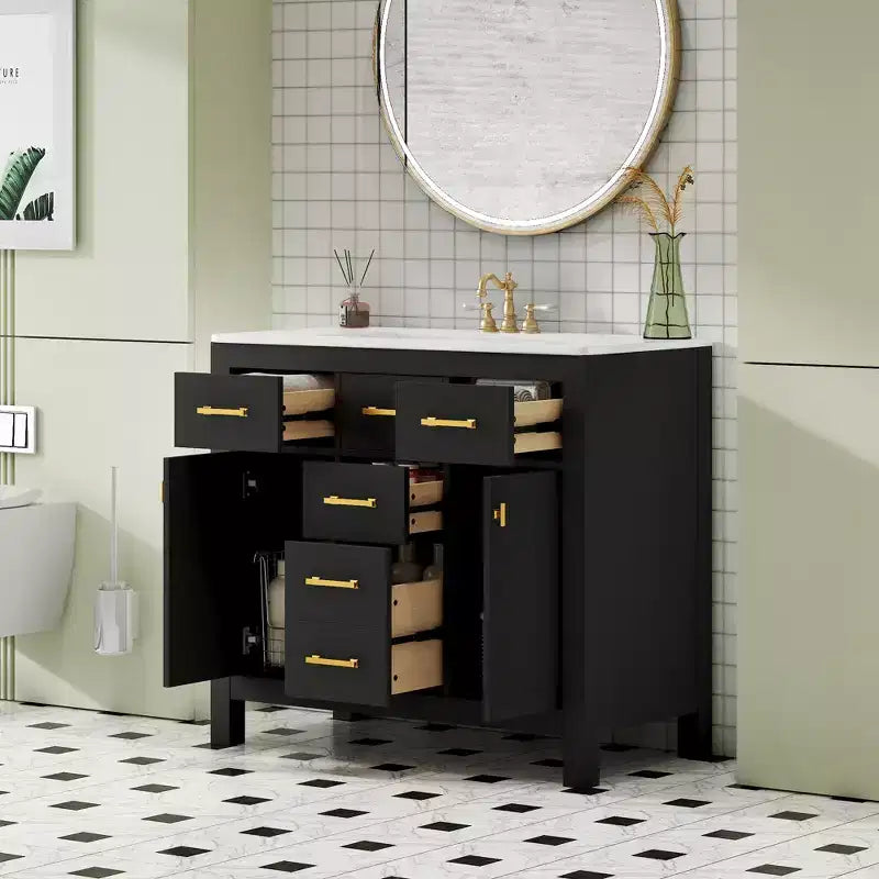 Meuble lavabo de salle de bain 36 pouces, meuble de rangement de salle de bain avec tiroirs, meuble lavabo simple vasque avec cadre en bois massif