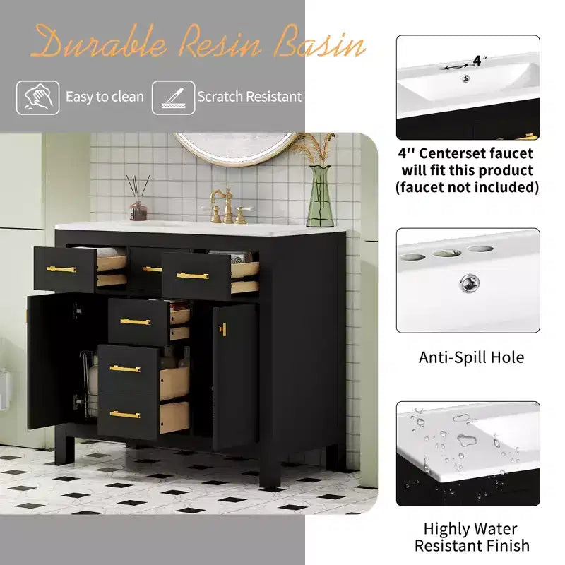 Meuble lavabo de salle de bain 36 pouces, meuble de rangement de salle de bain avec tiroirs, meuble lavabo simple vasque avec cadre en bois massif