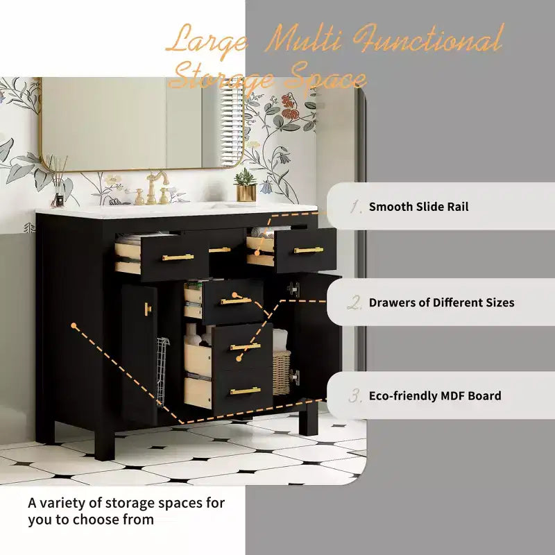 Meuble lavabo de salle de bain 36 pouces, meuble de rangement de salle de bain avec tiroirs, meuble lavabo simple vasque avec cadre en bois massif