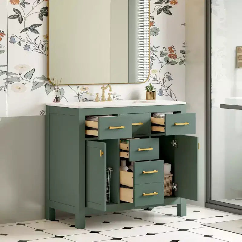 Meuble lavabo de salle de bain 36 pouces, meuble de rangement de salle de bain avec tiroirs, meuble lavabo simple vasque avec cadre en bois massif