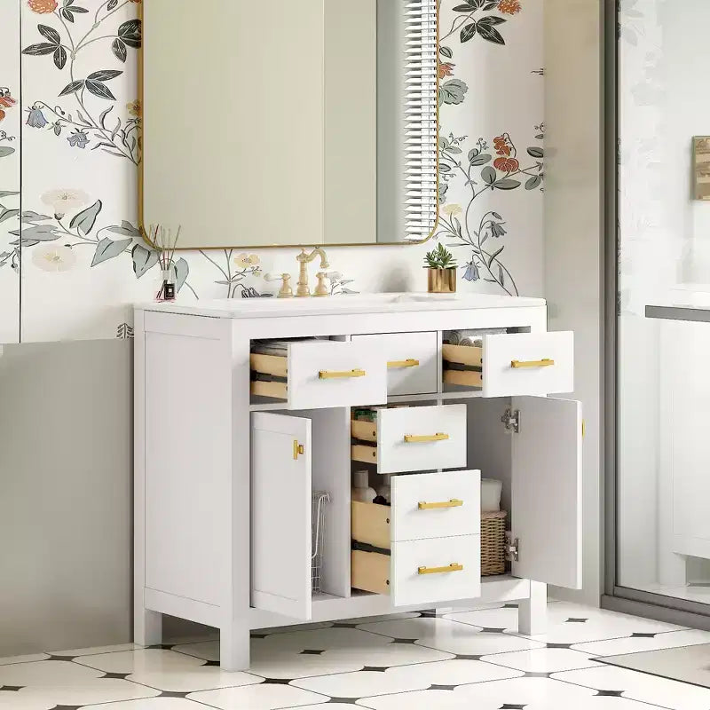 Meuble lavabo de salle de bain 36 pouces, meuble de rangement de salle de bain avec tiroirs, meuble lavabo simple vasque avec cadre en bois massif