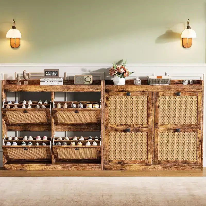 Meuble à chaussures en rotin avec 4 tiroirs basculants, organisateur de chaussures autoportant en bois avec étagères réglables, rangement à chaussures pour entrée, placard, couloir