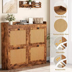 Meuble à chaussures en rotin avec 4 tiroirs basculants, organisateur de chaussures autoportant en bois avec étagères réglables, rangement à chaussures pour entrée, placard, couloir