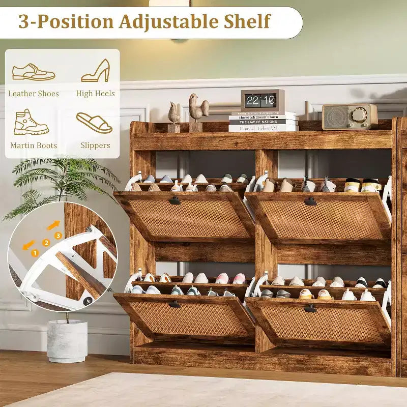 Meuble à chaussures en rotin avec 4 tiroirs basculants, organisateur de chaussures autoportant en bois avec étagères réglables, rangement à chaussures pour entrée, placard, couloir