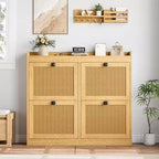 Meuble à chaussures en rotin avec 4 tiroirs basculants, organisateur de chaussures autoportant en bois avec étagères réglables, rangement à chaussures pour entrée, placard, couloir