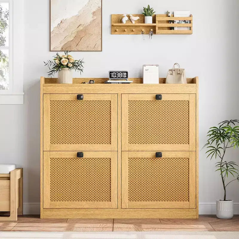 Meuble à chaussures en rotin avec 4 tiroirs basculants, organisateur de chaussures autoportant en bois avec étagères réglables, rangement à chaussures pour entrée, placard, couloir