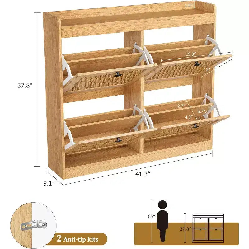 Meuble à chaussures en rotin avec 4 tiroirs basculants, organisateur de chaussures autoportant en bois avec étagères réglables, rangement à chaussures pour entrée, placard, couloir