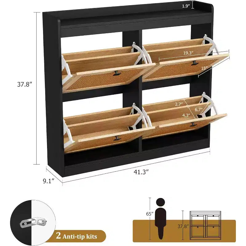 Meuble à chaussures en rotin avec 4 tiroirs basculants, organisateur de chaussures autoportant en bois avec étagères réglables, rangement à chaussures pour entrée, placard, couloir