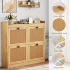 Meuble à chaussures en rotin avec 4 tiroirs basculants, organisateur de chaussures autoportant en bois avec étagères réglables, rangement à chaussures pour entrée, placard, couloir