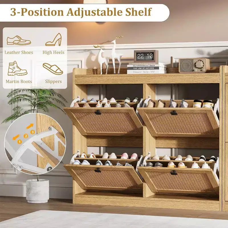 Meuble à chaussures en rotin avec 4 tiroirs basculants, organisateur de chaussures autoportant en bois avec étagères réglables, rangement à chaussures pour entrée, placard, couloir