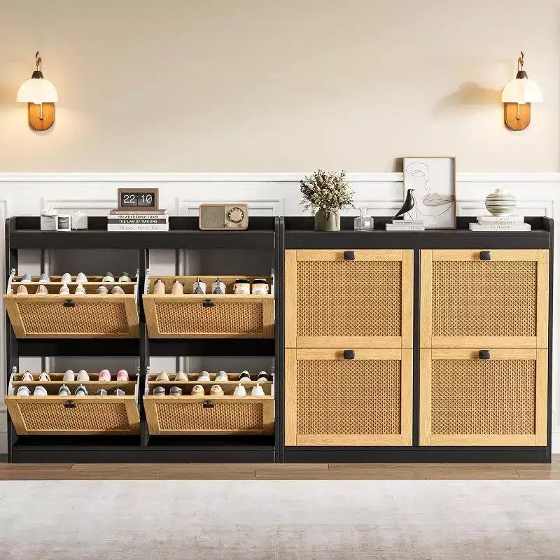 Meuble à chaussures en rotin avec 4 tiroirs basculants, organisateur de chaussures autoportant en bois avec étagères réglables, rangement à chaussures pour entrée, placard, couloir