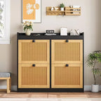 Meuble à chaussures en rotin avec 4 tiroirs basculants, organisateur de chaussures autoportant en bois avec étagères réglables, rangement à chaussures pour entrée, placard, couloir