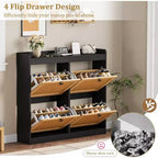 Meuble à chaussures en rotin avec 4 tiroirs basculants, organisateur de chaussures autoportant en bois avec étagères réglables, rangement à chaussures pour entrée, placard, couloir