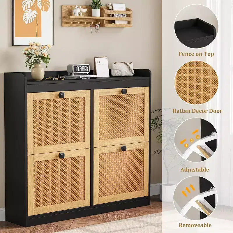 Meuble à chaussures en rotin avec 4 tiroirs basculants, organisateur de chaussures autoportant en bois avec étagères réglables, rangement à chaussures pour entrée, placard, couloir