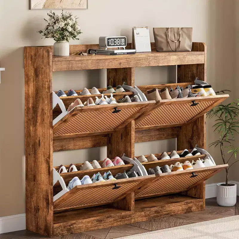 Meuble à chaussures en rotin avec 4 tiroirs basculants, organisateur de chaussures autoportant en bois avec étagères réglables, rangement à chaussures pour entrée, placard, couloir