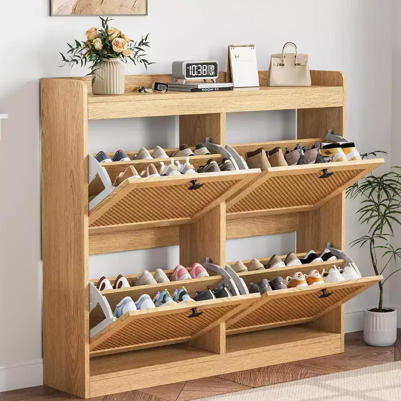 Meuble à chaussures en rotin avec 4 tiroirs basculants, organisateur de chaussures autoportant en bois avec étagères réglables, rangement à chaussures pour entrée, placard, couloir
