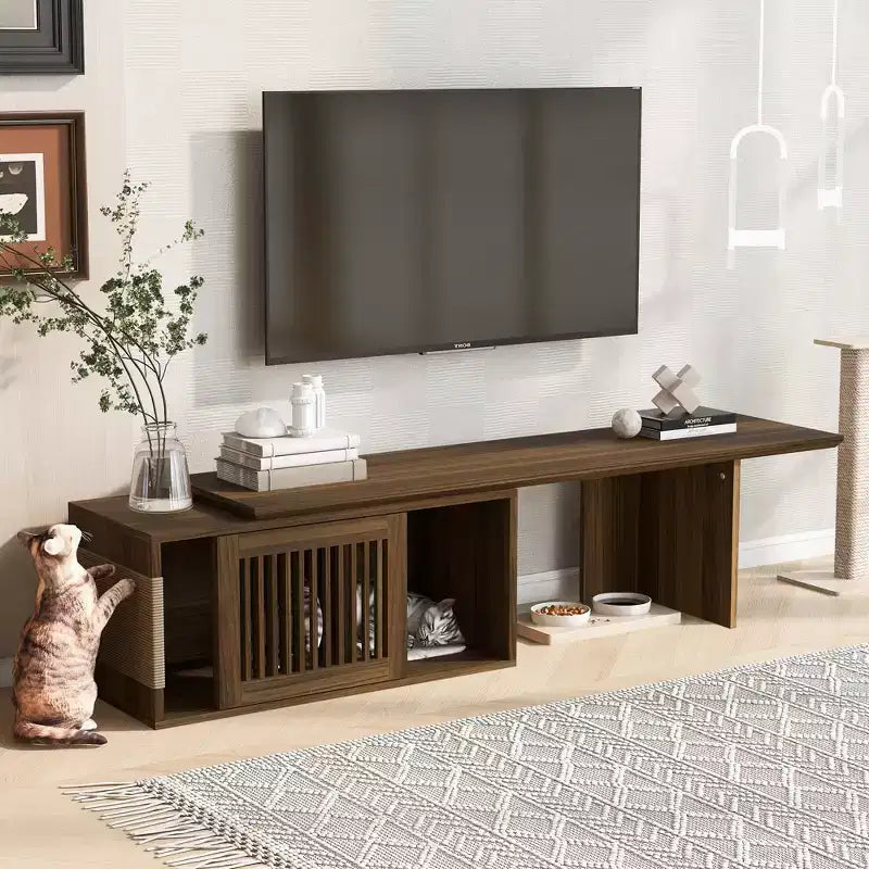 Meuble TV moderne en noyer de style médiéval avec table extensible, coussins moelleux, portes coulissantes et meubles adaptés aux chats Noyer