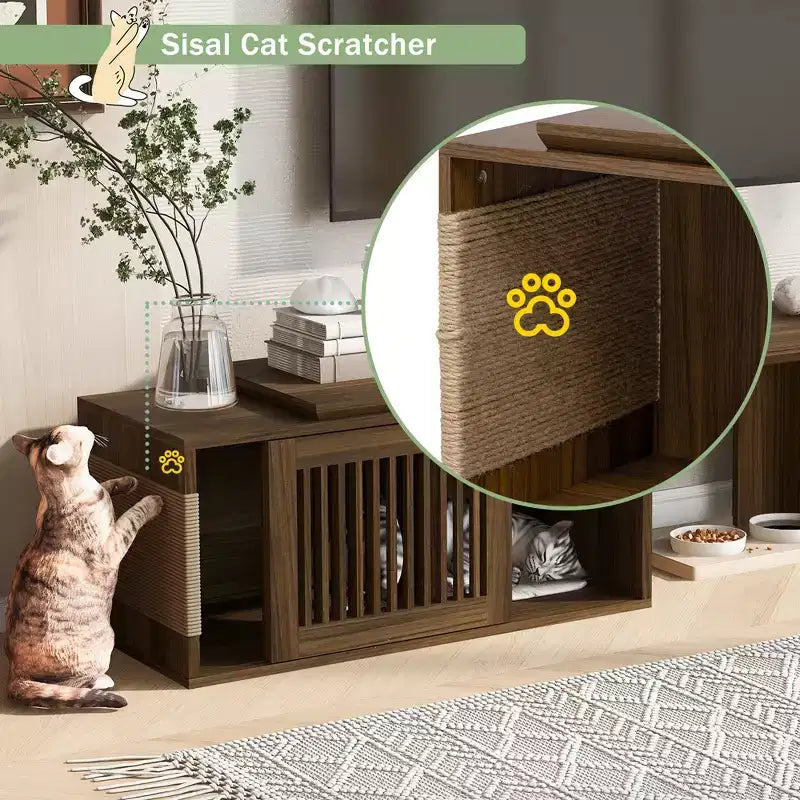 Meuble TV moderne en noyer de style médiéval avec table extensible, coussins moelleux, portes coulissantes et meubles adaptés aux chats Noyer