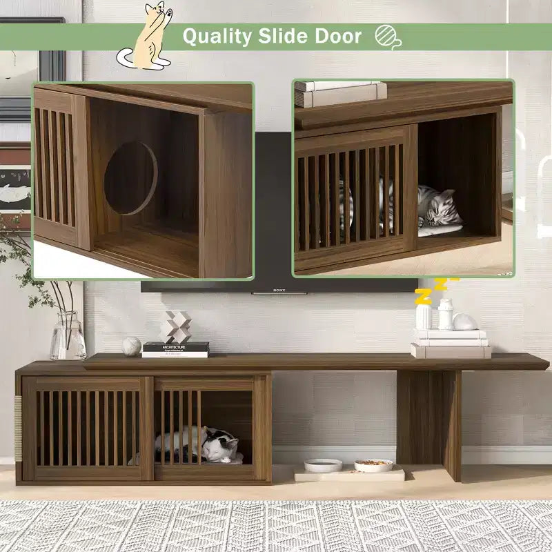Meuble TV moderne en noyer de style médiéval avec table extensible, coussins moelleux, portes coulissantes et meubles adaptés aux chats Noyer
