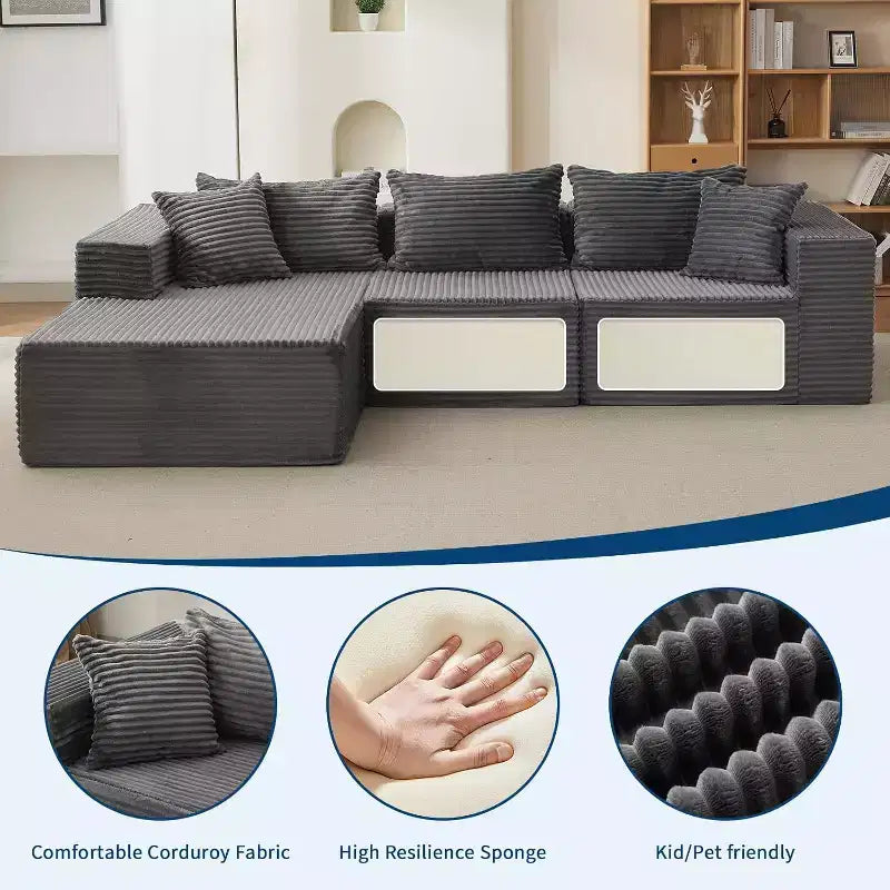 Canapé d'angle modulable Acekool Cloud de 274 cm avec méridienne, canapé moelleux sans accoudoirs en forme de L pour salon