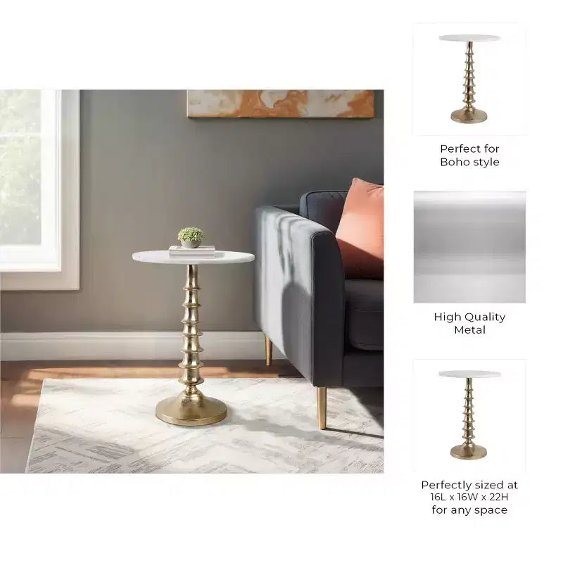Table d'appoint ou de chevet élégante pour la décoration de la chambre - Plateau en marbre avec base nervurée pour la décoration de la chambre ou du salon - 22 Blanc et or