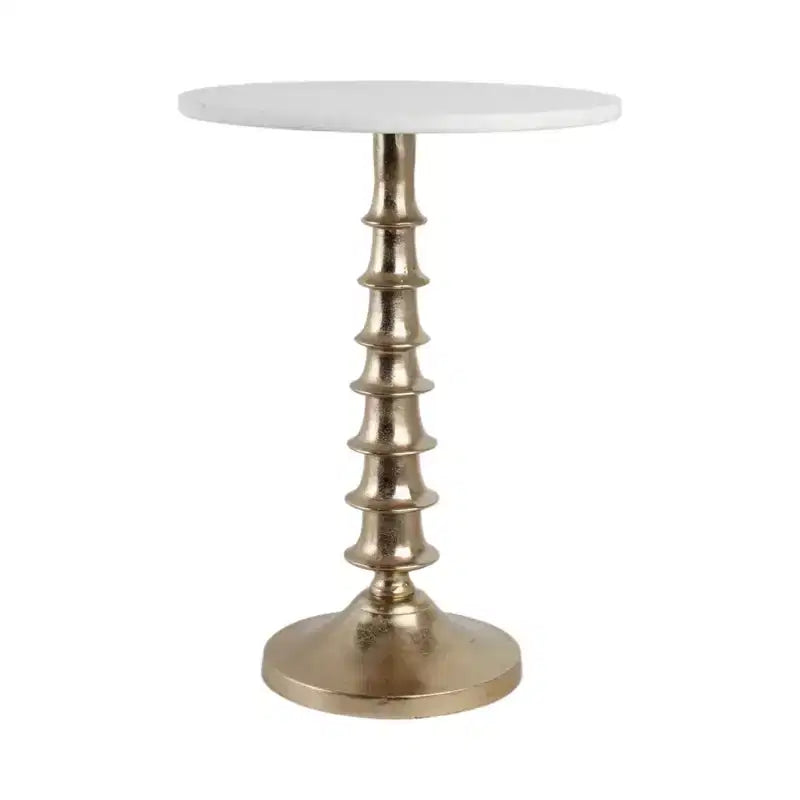 Table d'appoint ou de chevet élégante pour la décoration de la chambre - Plateau en marbre avec base nervurée pour la décoration de la chambre ou du salon - 22 Blanc et or