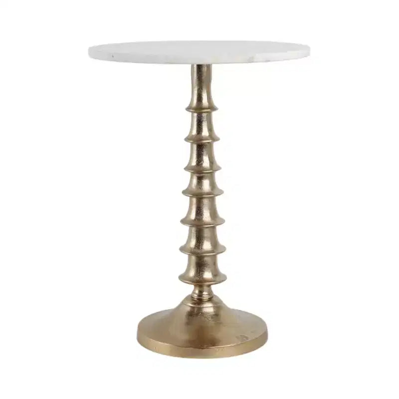 Table d'appoint ou de chevet élégante pour la décoration de la chambre - Plateau en marbre avec base nervurée pour la décoration de la chambre ou du salon - 22 Blanc et or